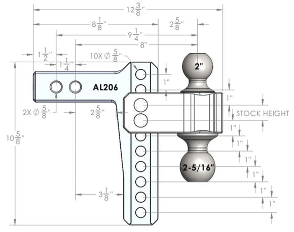 BulletProof 2.0" Aluminum Medium Duty 6" Drop/Rise Hitch - Stainless Ball