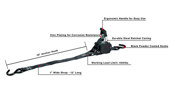 BulletProof Medium Duty 1" Auto Retractable Ratchet Strap