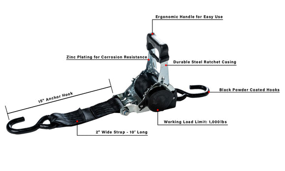 BulletProof Heavy Duty 2" Auto Retractable Ratchet Strap